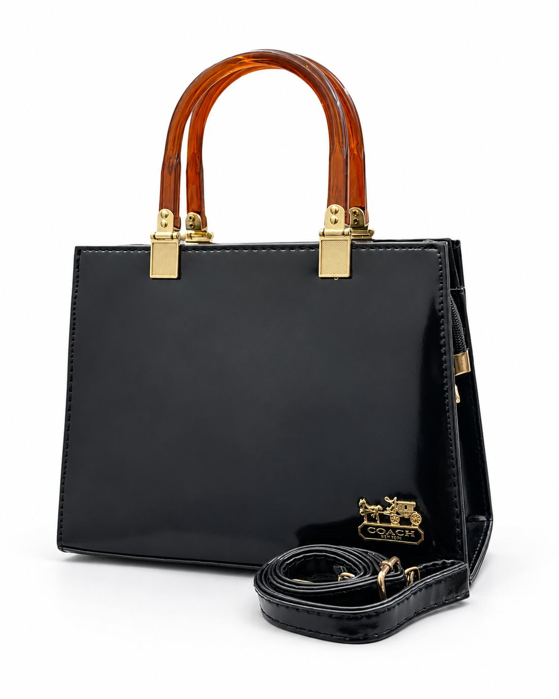 Glossy Structured Top Handle Bag