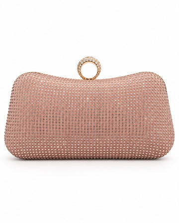 Luxe Crystal Studded Ring Handle Clutch